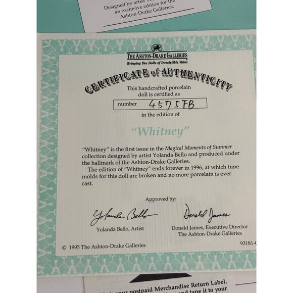 VTG Ashton Drake "Whitney" Porcelain Doll Artist Yolanda Bello Retired 1995 - Picture 4 of 16